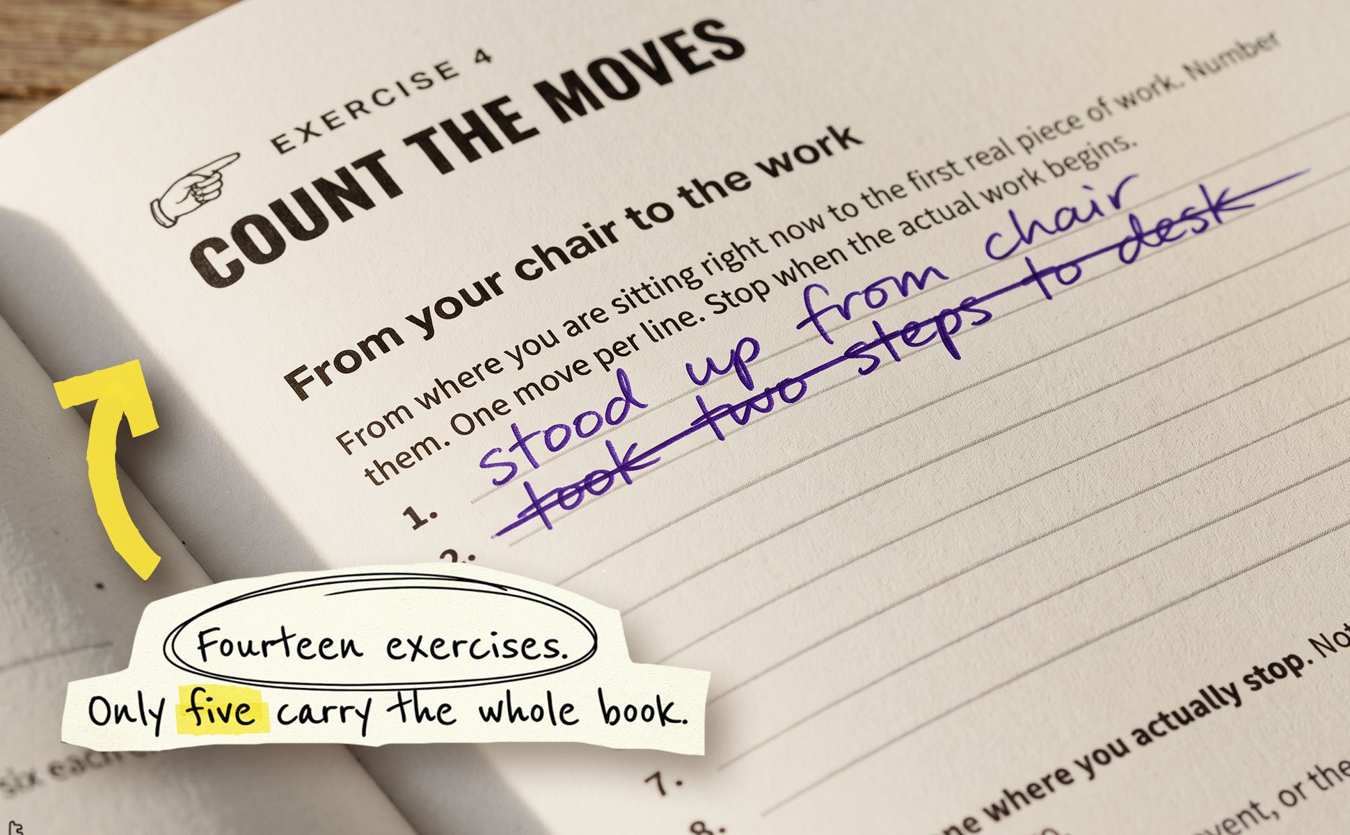 A close-up of an exercise page in the paperback, Count the Moves, with a first answer written in purple ink, crossed out and corrected by hand.