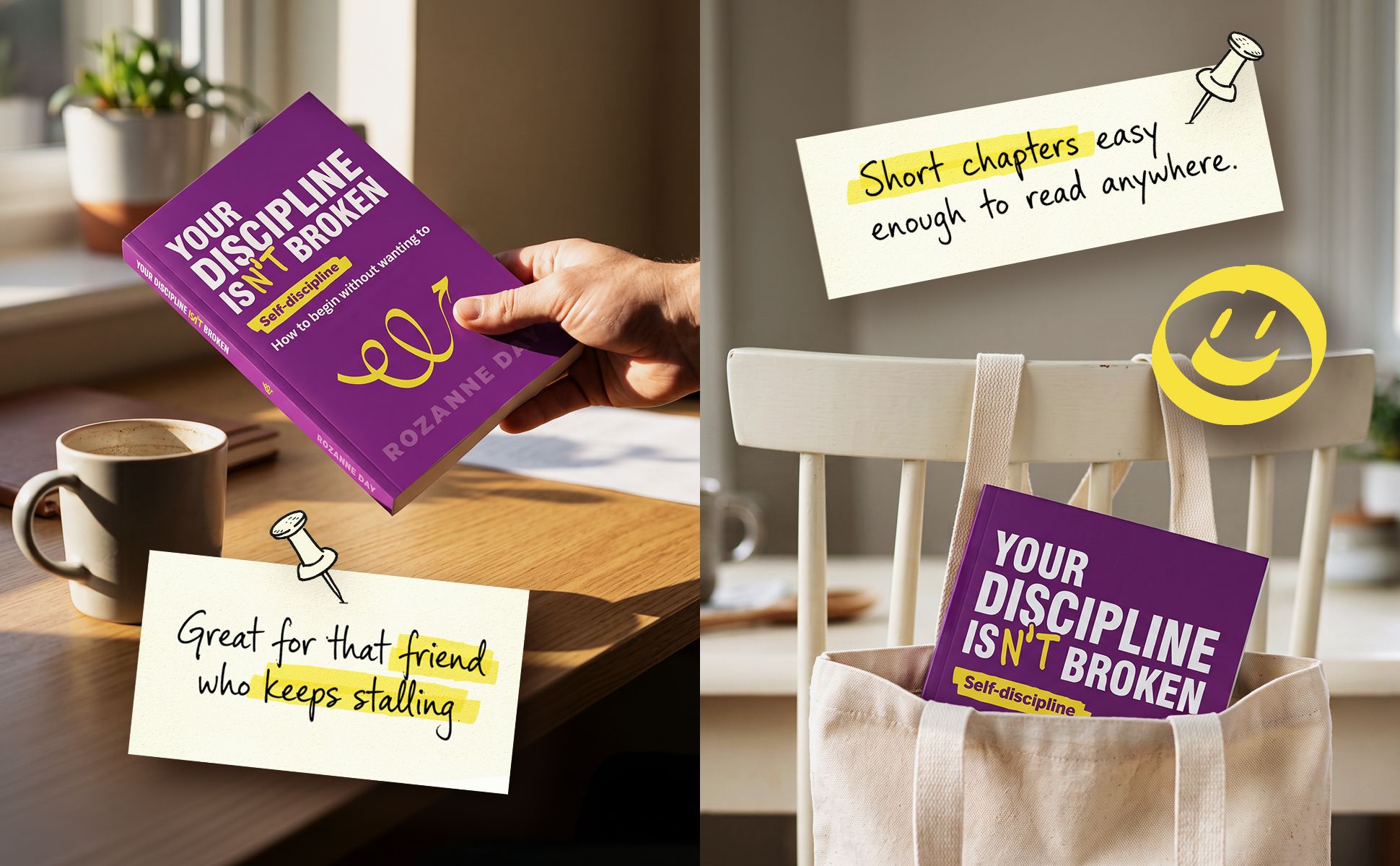Two photographs side by side: a hand passing the purple paperback across a desk beside a mug, and the same paperback tucked into a canvas tote bag hanging on a chair.