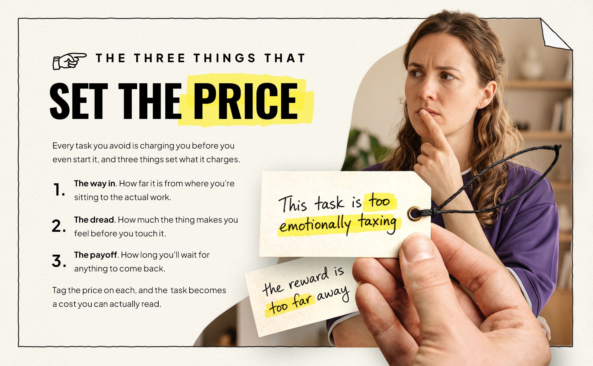 A woman in a purple top, finger to her lip, thinking, while a hand in the foreground holds up two paper price tags with handwritten lines on them.